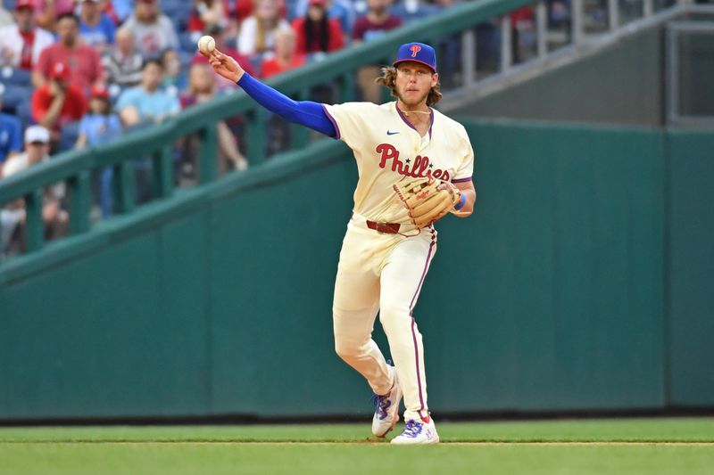 May 6, 2024; Philadelphia, Pennsylvania, USA; Philadelphia Phillies third base Alec Bohm (28) throws to first base against the San Francisco Giants at Citizens Bank Park. Mandatory Credit: Eric Hartline-USA TODAY Sports