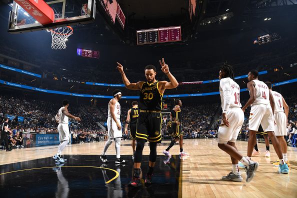 SAN FRANCISCO, CA - NOVEMBER 11: Stephen Curry #30 of the Golden State Warriors looks on during the game against the Cleveland Cavaliers on November 11, 2023 at Chase Center in San Francisco, California. NOTE TO USER: User expressly acknowledges and agrees that, by downloading and or using this photograph, user is consenting to the terms and conditions of Getty Images License Agreement. Mandatory Copyright Notice: Copyright 2023 NBAE (Photo by Noah Graham/NBAE via Getty Images)