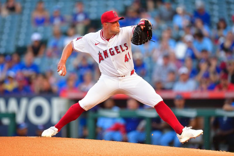 Aug 13, 2024; Anaheim, California, USA; Los Angeles Angels pitcher Carson Fulmer (41) throws against the Toronto Blue Jays during the first inning at Angel Stadium. Mandatory Credit: Gary A. Vasquez-USA TODAY Sports