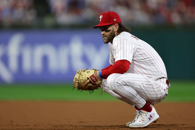 Oct 4, 2023; Philadelphia, Pennsylvania, USA; Philadelphia Phillies designated hitter Bryce Harper (3) during the sixth inning for game two of the Wildcard series for the 2023 MLB playoffs against the Miami Marlins at Citizens Bank Park. Mandatory Credit: Bill Streicher-USA TODAY Sports