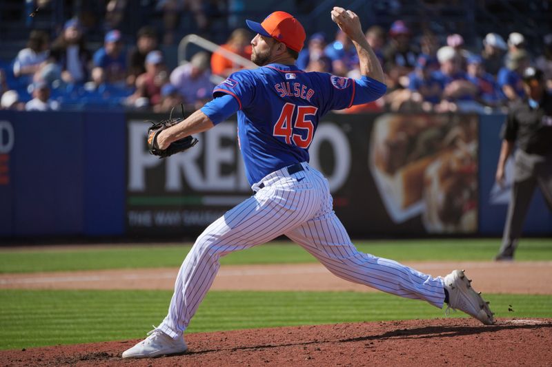 Feb 25, 2024; Port St. Lucie, Florida, USA;  New York Mets pitcher Cole Sulser pitches against the Houston Astros in the fifth inning at Clover Park. Mandatory Credit: Jim Rassol-USA TODAY Sports