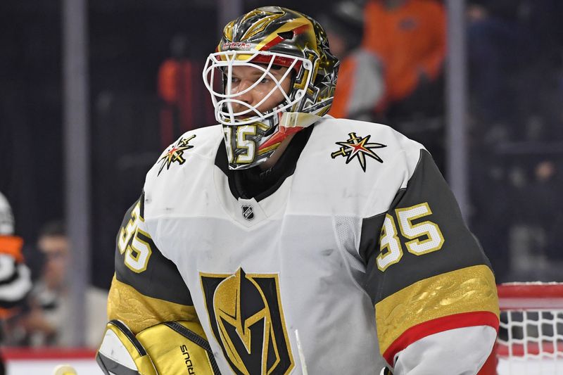 Nov 25, 2024; Philadelphia, Pennsylvania, USA; Vegas Golden Knights goaltender Ilya Samsonov (35) against the Philadelphia Flyers during the third period at Wells Fargo Center. Mandatory Credit: Eric Hartline-Imagn Images