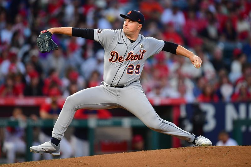 Sep 15, 2023; Anaheim, California, USA; Detroit Tigers starting pitcher Tarik Skubal (29) throws against the Los Angeles Angels during the first inning at Angel Stadium. Mandatory Credit: Gary A. Vasquez-USA TODAY Sports