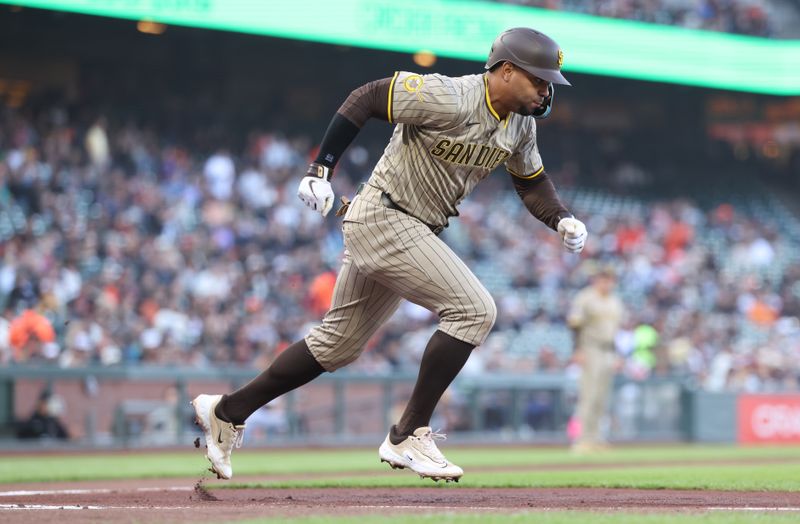 Jun 3, 2025; San Francisco, California, USA;  San Diego Padres shortstop Xander Bogaerts (2) runs for first base against the San Francisco Giants during the second inning at Oracle Park. Mandatory Credit: Kelley L Cox-Imagn Images