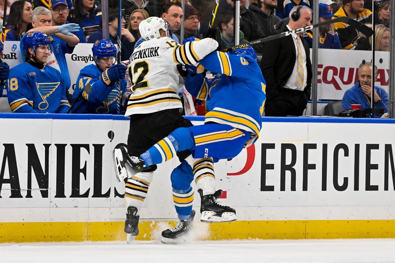 Jan 13, 2024; St. Louis, Missouri, USA;  Boston Bruins defenseman Kevin Shattenkirk (12) checks St. Louis Blues left wing Sammy Blais (79) during the second period at Enterprise Center. Mandatory Credit: Jeff Curry-USA TODAY Sports