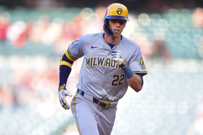 Jun 18, 2024; Anaheim, California, USA; Milwaukee Brewers outfielder Christian Yelich (22) runs the bases after hitting a solo home run against the Los Angeles Angels during the first inning at Angel Stadium. Mandatory Credit: Gary A. Vasquez-USA TODAY Sports