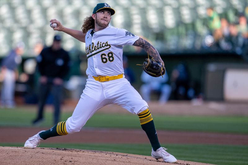 Aug 20, 2024; Oakland, California, USA; Oakland Athletics starting pitcher Joey Estes (68) delivers a pitch against the Tampa Bay Rays during the first inning at Oakland-Alameda County Coliseum. Mandatory Credit: Neville E. Guard-USA TODAY Sports