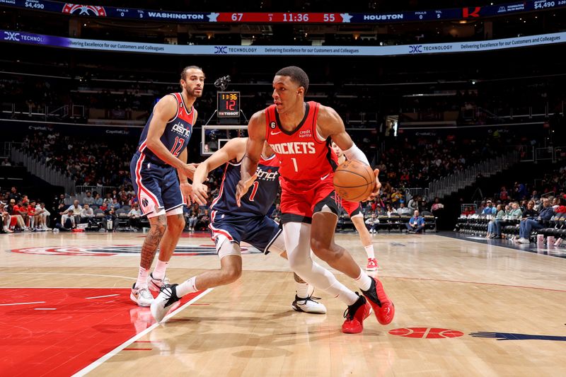 WASHINGTON, DC -? APRIL 9: Jabari Smith Jr. #1 of the Houston Rockets drives to the basket against the Washington Wizards  on April 9, 2023 at Capital One Arena in Washington, DC. NOTE TO USER: User expressly acknowledges and agrees that, by downloading and or using this Photograph, user is consenting to the terms and conditions of the Getty Images License Agreement. Mandatory Copyright Notice: Copyright 2023 NBAE (Photo by Stephen Gosling/NBAE via Getty Images)