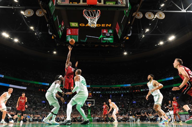 BOSTON, MA - APRIL 21: Bam Adebayo #13 of the Miami Heat shoots the ball during the game against the Boston Celtics during Round 1 Game 1 of the 2024 NBA Playoffs on April 21, 2024 at the TD Garden in Boston, Massachusetts. NOTE TO USER: User expressly acknowledges and agrees that, by downloading and or using this photograph, User is consenting to the terms and conditions of the Getty Images License Agreement. Mandatory Copyright Notice: Copyright 2024 NBAE  (Photo by Brian Babineau/NBAE via Getty Images)