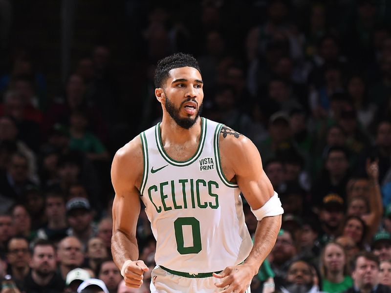 BOSTON, MA - APRIL 3: Jayson Tatum #0 of the Boston Celtics looks on during the game against the Oklahoma City Thunder on April 3, 2024 at the TD Garden in Boston, Massachusetts. NOTE TO USER: User expressly acknowledges and agrees that, by downloading and or using this photograph, User is consenting to the terms and conditions of the Getty Images License Agreement. Mandatory Copyright Notice: Copyright 2024 NBAE  (Photo by Brian Babineau/NBAE via Getty Images)