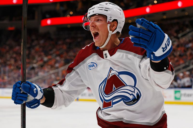 Nov 8, 2025; Edmonton, Alberta, CAN; Colorado Avalanche forward Parker Kelly (17) celebrates  his goal scored during the second period against the Edmonton Oilers at Rogers Place. Mandatory Credit: Perry Nelson-Imagn Images