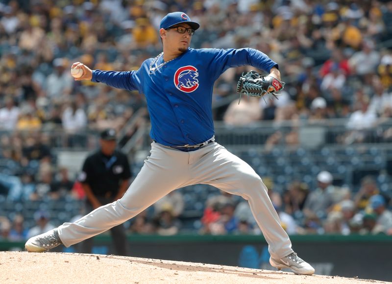 Aug 27, 2023; Pittsburgh, Pennsylvania, USA;  Chicago Cubs starting pitcher Javier Assad (72) delivers a pitch against the Pittsburgh Pirates during the first inning  at PNC Park. Mandatory Credit: Charles LeClaire-USA TODAY Sports