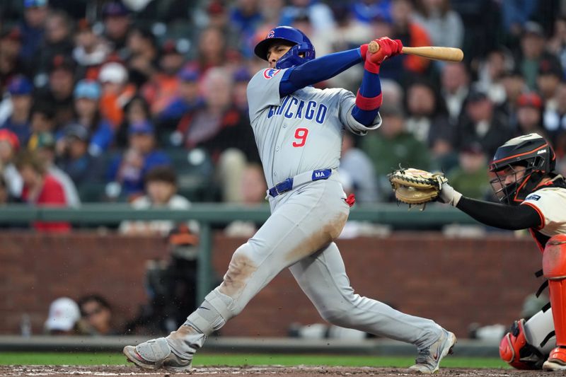 Jun 26, 2024; San Francisco, California, USA; Chicago Cubs catcher Miguel Amaya (9) bats against the San Francisco Giants during the sixth inning at Oracle Park. Mandatory Credit: Darren Yamashita-USA TODAY Sports