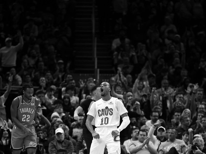 CLEVELAND, OH - JANUARY 8:(EDITOR'S NOTE: Image has been converted to black and white) Darius Garland #10 of the Cleveland Cavaliers celebrates during the game against the Oklahoma City Thunder on January 8, 2025 at Rocket Mortgage FieldHouse in Cleveland, Ohio. NOTE TO USER: User expressly acknowledges and agrees that, by downloading and/or using this Photograph, user is consenting to the terms and conditions of the Getty Images License Agreement. Mandatory Copyright Notice: Copyright 2025 NBAE (Photo by  Lauren Leigh Bacho/NBAE via Getty Images)