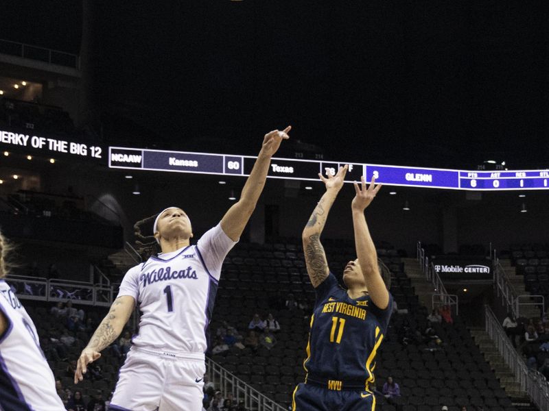 Mar 9, 2024; Kansas City, MO, USA; West Virginia Mountaineers guard JJ Quinerly (11) shoots the ball while guarded by Kansas State Wildcats guard Zyanna Walker (1) during the first half at T-Mobile Center. Mandatory Credit: Amy Kontras-USA TODAY Sports