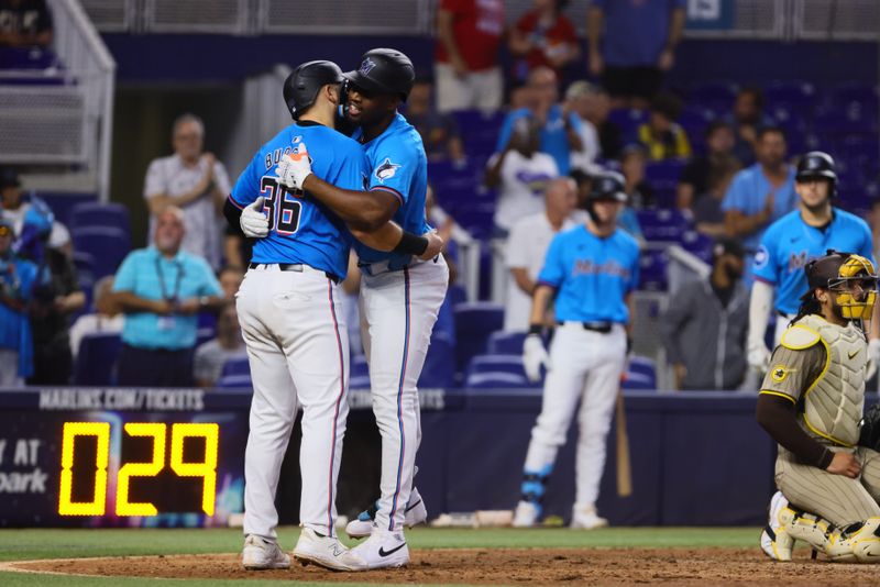 Aug 11, 2024; Miami, Florida, USA; Miami Marlins right fielder Jesus Sanchez (12) celebrates with third baseman Jake Burger (36) after hitting a two-run home run against the San Diego Padres during the seventh inning at loanDepot Park. Mandatory Credit: Sam Navarro-USA TODAY Sports