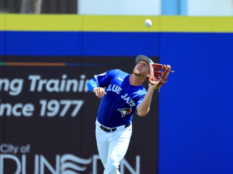 Mar 14, 2026; Dunedin, Florida, USA; Toronto Blue Jays center fielder Myles Straw (3) catches a fly ball during the second inning against the Detroit Tigers  at TD Ballpark. Mandatory Credit: Kim Klement Neitzel-Imagn Images