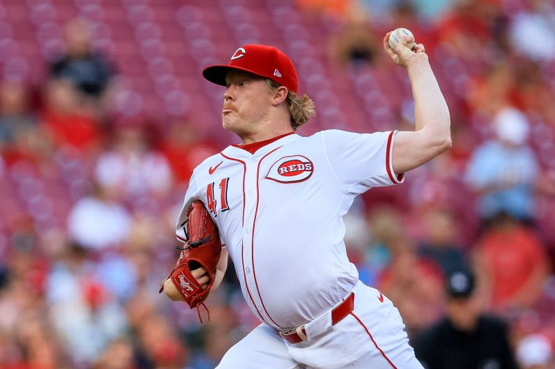 Jul 8, 2024; Cincinnati, Ohio, USA; Cincinnati Reds starting pitcher Andrew Abbott (41) pitches against the Colorado Rockies in the first inning at Great American Ball Park. Mandatory Credit: Katie Stratman-USA TODAY Sports