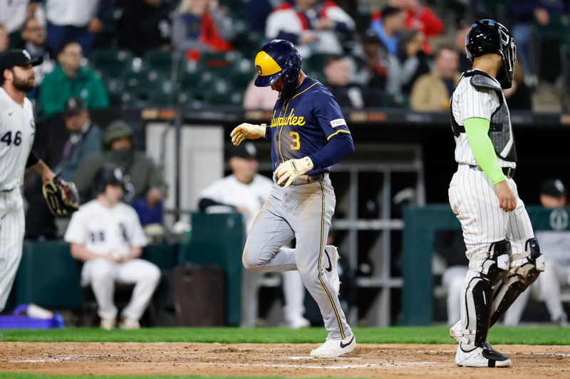 Apr 29, 2025; Chicago, Illinois, USA; Milwaukee Brewers shortstop Joey Ortiz (3) scores against the Chicago White Sox during the sixth inning at Rate Field. Mandatory Credit: Kamil Krzaczynski-Imagn Images