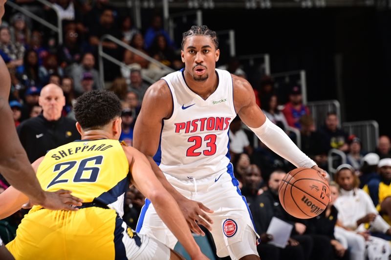 DETROIT, MI - OCTOBER 23: Jaden Ivey #23 of the Detroit Pistons handles the ball during the game against the Indiana Pacers on October 23, 2024 at Little Caesars Arena in Detroit, Michigan. NOTE TO USER: User expressly acknowledges and agrees that, by downloading and/or using this photograph, User is consenting to the terms and conditions of the Getty Images License Agreement. Mandatory Copyright Notice: Copyright 2024 NBAE (Photo by Chris Schwegler/NBAE via Getty Images)