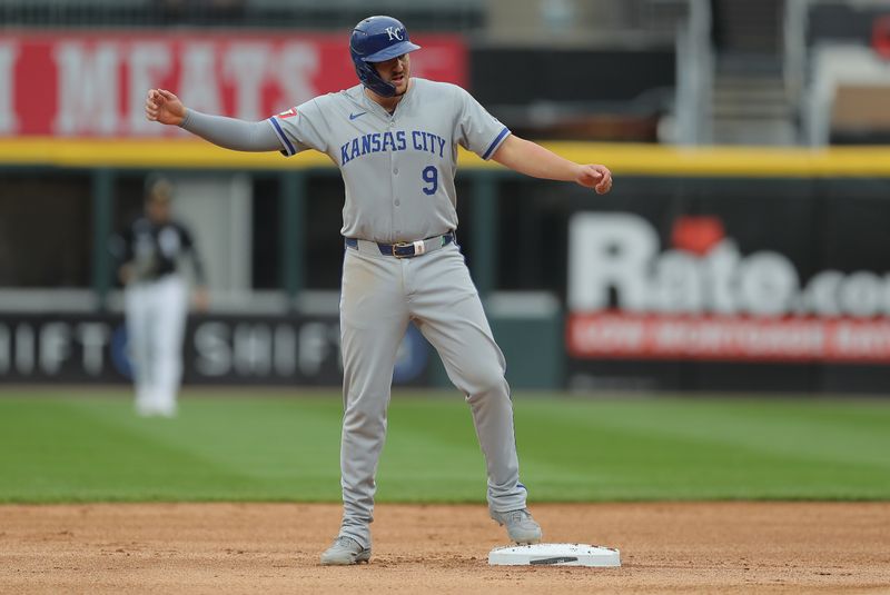 Apr 17, 2024; Chicago, Illinois, USA; Kansas City Royals first base Vinnie Pasquantino (9) steals second base after a wild pitch in the first inning during game two of a double header against the Chicago White Sox at Guaranteed Rate Field. Mandatory Credit: Melissa Tamez-USA TODAY Sports