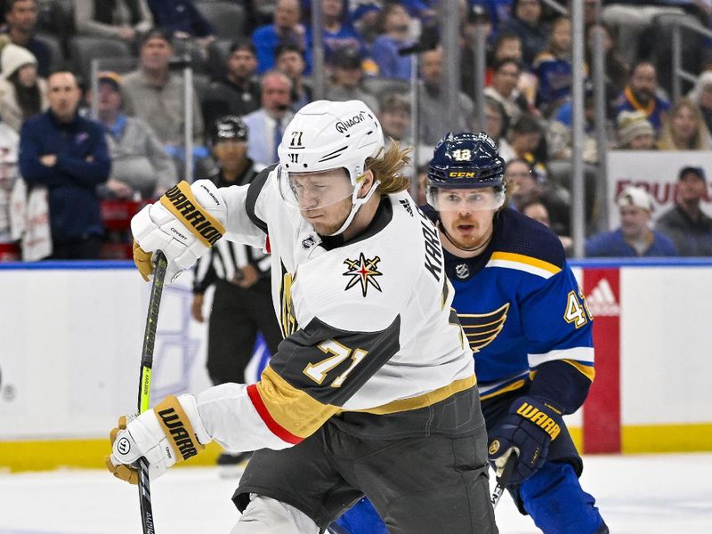 Mar 25, 2024; St. Louis, Missouri, USA;  Vegas Golden Knights center William Karlsson (71) shoots against the St. Louis Blues during the first period at Enterprise Center. Mandatory Credit: Jeff Curry-USA TODAY Sports