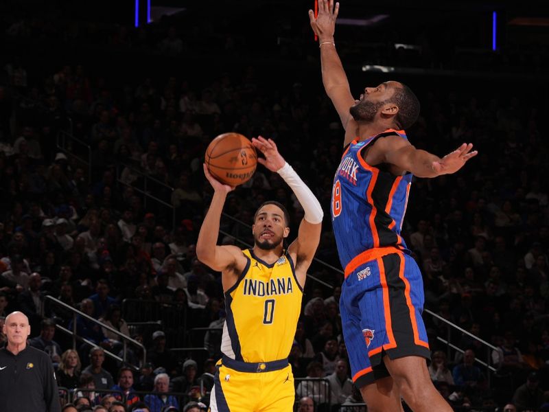 NEW YORK, NY - FEBRUARY 10: Tyrese Haliburton #0 of the Indiana Pacers shoots the ball during the game against the New York Knicks on February 10, 2024 at Madison Square Garden in New York City, New York.  NOTE TO USER: User expressly acknowledges and agrees that, by downloading and or using this photograph, User is consenting to the terms and conditions of the Getty Images License Agreement. Mandatory Copyright Notice: Copyright 2024 NBAE  (Photo by Jesse D. Garrabrant/NBAE via Getty Images)