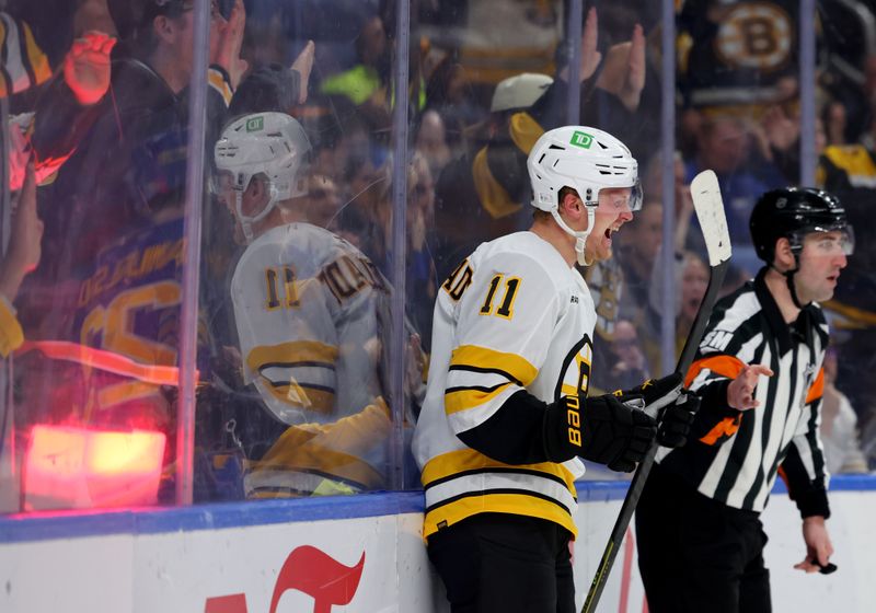 Mar 25, 2026; Buffalo, New York, USA; Boston Bruins center Casey Mittelstadt (11) reacts after scoring a goal during the third period against the Buffalo Sabres at KeyBank Center. Mandatory Credit: Timothy T. Ludwig-Imagn Images Mar 25, 2026; Buffalo, New York, USA; Boston Bruins center Casey Mittelstadt (11) reacts after scoring a goal during the third period against the Buffalo Sabres at KeyBank Center. Mandatory Credit: Timothy T. Ludwig-Imagn Images