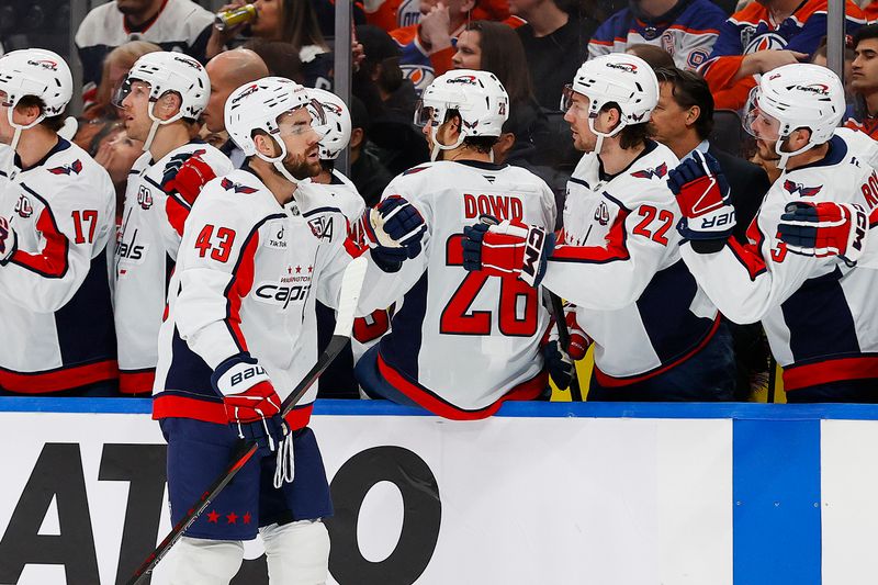 Jan 21, 2025; Edmonton, Alberta, CAN; Washington Capitals celebrate a goal by forward Tom Wilson (43) during the first period against the Edmonton Oilers at Rogers Place. Mandatory Credit: Perry Nelson-Imagn Images