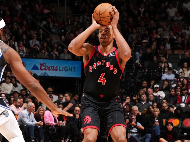 TORONTO, CANADA - JANUARY 3: Scottie Barnes #4 of the Toronto Raptors three point basket during the game against the Orlando Magic on January 3, 2025 at the Scotiabank Arena in Toronto, Ontario, Canada.  NOTE TO USER: User expressly acknowledges and agrees that, by downloading and or using this Photograph, user is consenting to the terms and conditions of the Getty Images License Agreement.  Mandatory Copyright Notice: Copyright 2025 NBAE(Photo by Mark Blinch/NBAE via Getty Images)