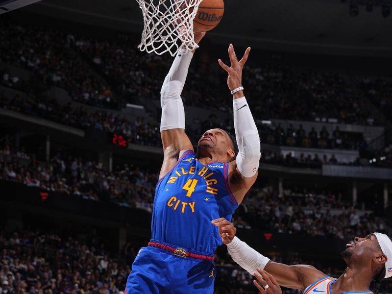 DENVER, CO - MAY 9: Russell Westbrook #4 of the Denver Nuggets dunks the ball during the game against the Oklahoma City Thunder   during Round Two Game Three of the 2025 NBA Playoffs on May 9, 2025 at Ball Arena in Denver, Colorado. NOTE TO USER: User expressly acknowledges and agrees that, by downloading and/or using this Photograph, user is consenting to the terms and conditions of the Getty Images License Agreement. Mandatory Copyright Notice: Copyright 2025 NBAE (Photo by Garrett Ellwood/NBAE via Getty Images)