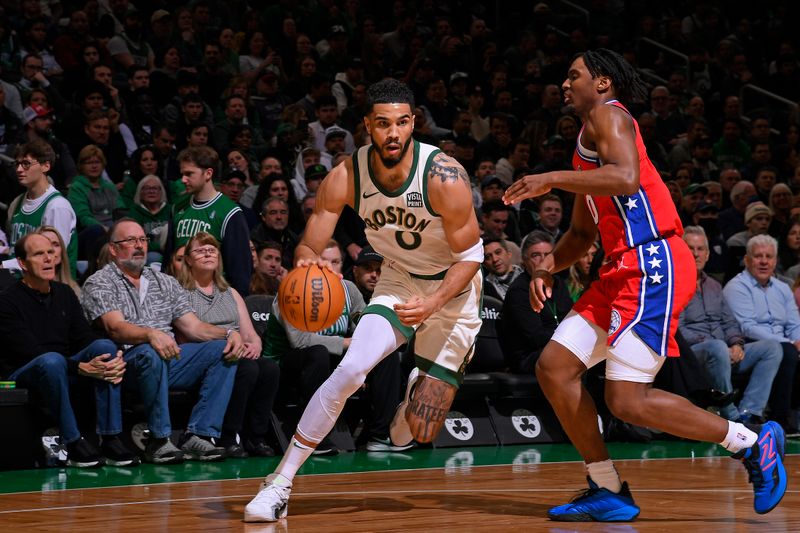 BOSTON, MA - FEBRUARY 27: Jayson Tatum #0 of the Boston Celtics handles the ball during the game against the Philadelphia 76ers on February 27, 2024 at the TD Garden in Boston, Massachusetts. NOTE TO USER: User expressly acknowledges and agrees that, by downloading and or using this photograph, User is consenting to the terms and conditions of the Getty Images License Agreement. Mandatory Copyright Notice: Copyright 2024 NBAE  (Photo by Brian Babineau/NBAE via Getty Images)