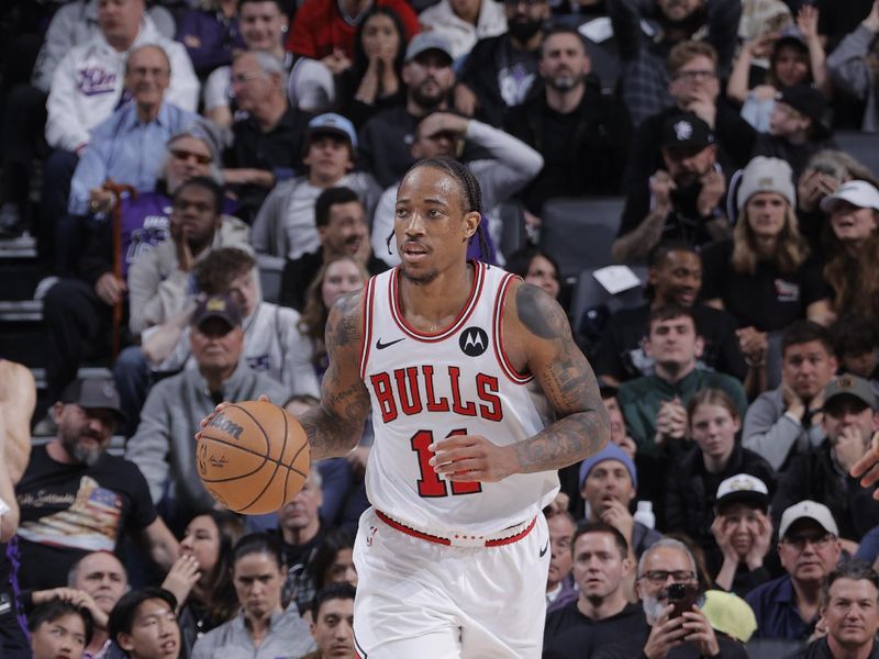 SACRAMENTO, CA - MARCH 4: DeMar DeRozan #11 of the Chicago Bulls handles the ball during the game against the Sacramento Kings on March 4, 2024 at Golden 1 Center in Sacramento, California. NOTE TO USER: User expressly acknowledges and agrees that, by downloading and or using this Photograph, user is consenting to the terms and conditions of the Getty Images License Agreement. Mandatory Copyright Notice: Copyright 2024 NBAE (Photo by Rocky Widner/NBAE via Getty Images)