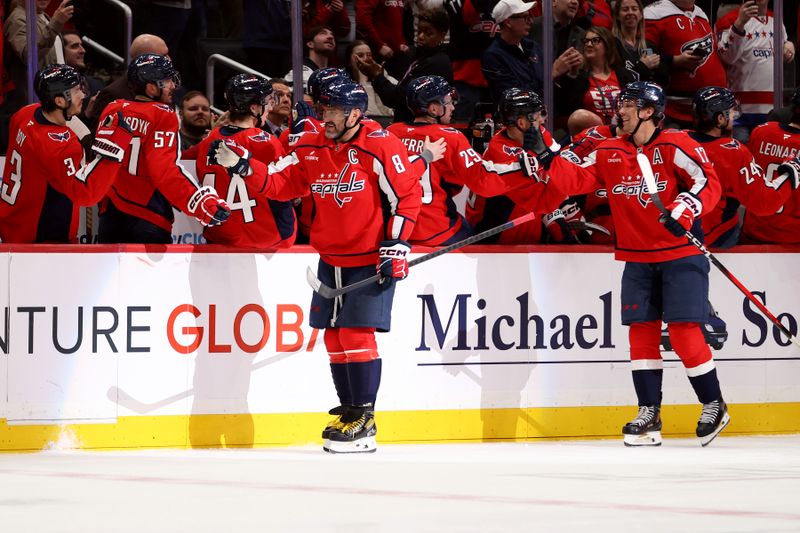 Mar 18, 2026; Washington, District of Columbia, USA; Washington Capitals left wing Alex Ovechkin (8) celebrates with teammates after scoring a goal during the second period against the Ottawa Senators at Capital One Arena. Mandatory Credit: Daniel Kucin Jr.-Imagn Images