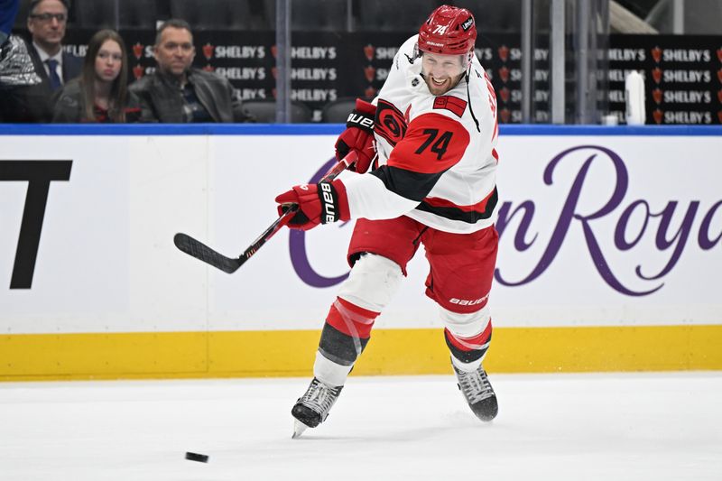 Mar 20, 2026; Toronto, Ontario, CAN;  Carolina Hurricanes defenseman Jaccob Slavin (74) warms up before playing the Toronto Maple Leafs at Scotiabank Arena. Mandatory Credit: Dan Hamilton-Imagn Images