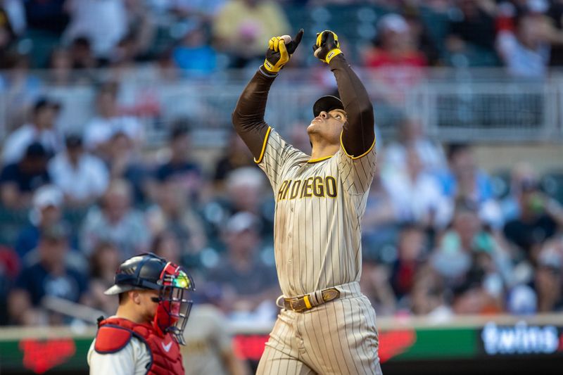 May 10, 2023; Minneapolis, Minnesota, USA; San Diego Padres left fielder Juan Soto (22) celebrates after hitting a solo home run in the seventh inning against the Minnesota Twins at Target Field. Mandatory Credit: Jesse Johnson-USA TODAY Sports