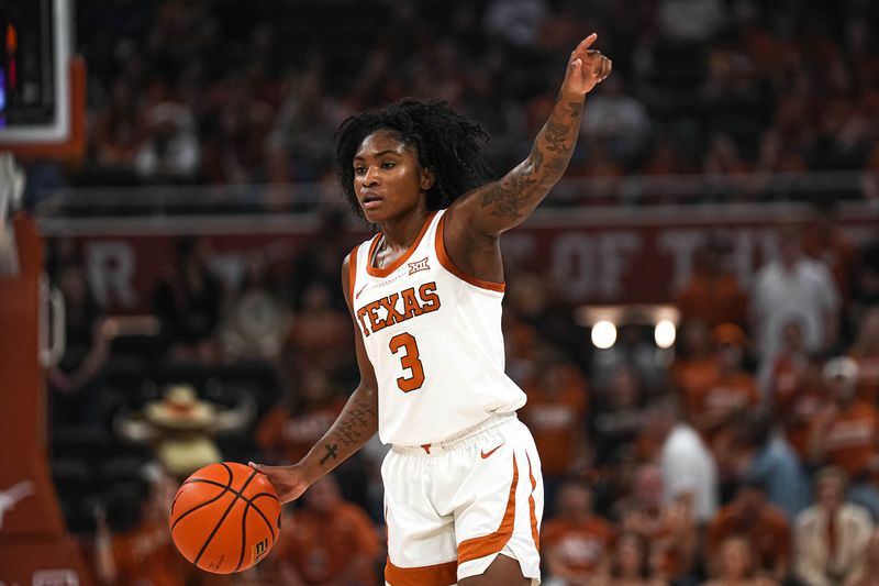 Dec 3, 2023; Austin, Texas, USA; Texas Longhorns guard Rori Harmon (3) directs teammates during the women s basketball game against the University of Connecticut at the Moody Center. Mandatory Credit: Aaron E. Martinez-USA TODAY Sports