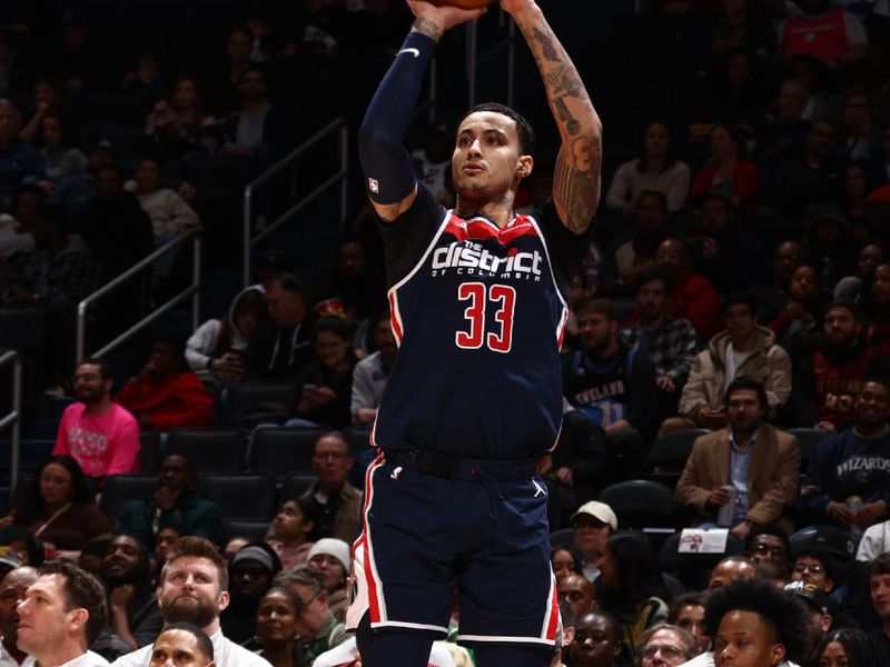 WASHINGTON, DC -? FEBRUARY 7: Kyle Kuzma #33 of the Washington Wizards shoots the ball during the game against the Cleveland Cavaliers on February 7, 2024 at Capital One Arena in Washington, DC. NOTE TO USER: User expressly acknowledges and agrees that, by downloading and or using this Photograph, user is consenting to the terms and conditions of the Getty Images License Agreement. Mandatory Copyright Notice: Copyright 2024 NBAE (Photo by Kenny Giarla/NBAE via Getty Images)