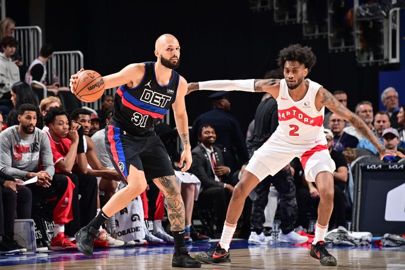 DETROIT, MI - MARCH 13: Evan Fournier #31 of the Detroit Pistons  handles the ball during the game against the Toronto Raptors on March 13, 2024 at Little Caesars Arena in Detroit, Michigan. NOTE TO USER: User expressly acknowledges and agrees that, by downloading and/or using this photograph, User is consenting to the terms and conditions of the Getty Images License Agreement. Mandatory Copyright Notice: Copyright 2024 NBAE (Photo by Chris Schwegler/NBAE via Getty Images)