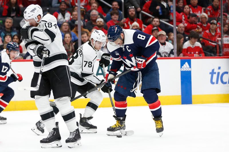 Jan 7, 2024; Washington, District of Columbia, USA; Washington Capitals left wing Alex Ovechkin (8) battles for the puck with Los Angeles Kings right wing Alex Laferriere (78) during the second period at Capital One Arena. Mandatory Credit: Amber Searls-USA TODAY Sports