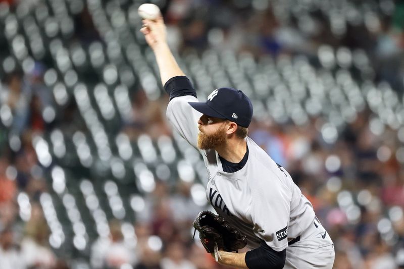 Sep 18, 2025; Baltimore, Maryland, USA; New York Yankees pitcher Paul Blackburn (58) throws during the eighth inning against the Baltimore Orioles at Oriole Park at Camden Yards. Mandatory Credit: Daniel Kucin Jr.-Imagn Images