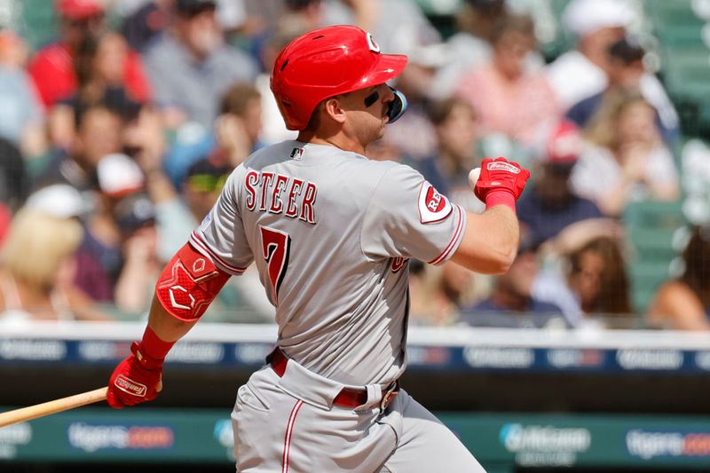 Sep 14, 2023; Detroit, Michigan, USA; Cincinnati Reds first baseman Spencer Steer (7) hits a home run in the sixth inning against the Detroit Tigers at Comerica Park. Mandatory Credit: Rick Osentoski-USA TODAY Sports