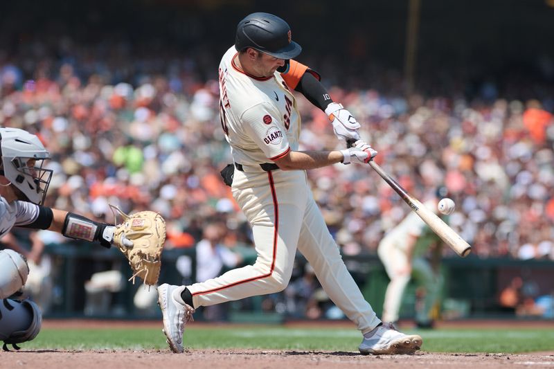 Jul 28, 2024; San Francisco, California, USA; San Francisco Giants infielder Casey Schmitt (10) bats against the Colorado Rockies during the sixth inning at Oracle Park. Mandatory Credit: Robert Edwards-USA TODAY Sports