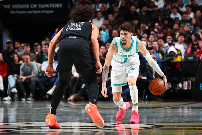 BROOKLYN, NY - NOVEMBER 19: LaMelo Ball #1 of the Charlotte Hornets dribbles the ball during the game against the Brooklyn Nets during an Emirates NBA Cup game on November 19, 2024 at Barclays Center in Brooklyn, New York. NOTE TO USER: User expressly acknowledges and agrees that, by downloading and or using this Photograph, user is consenting to the terms and conditions of the Getty Images License Agreement. Mandatory Copyright Notice: Copyright 2024 NBAE (Photo by David L. Nemec/NBAE via Getty Images)