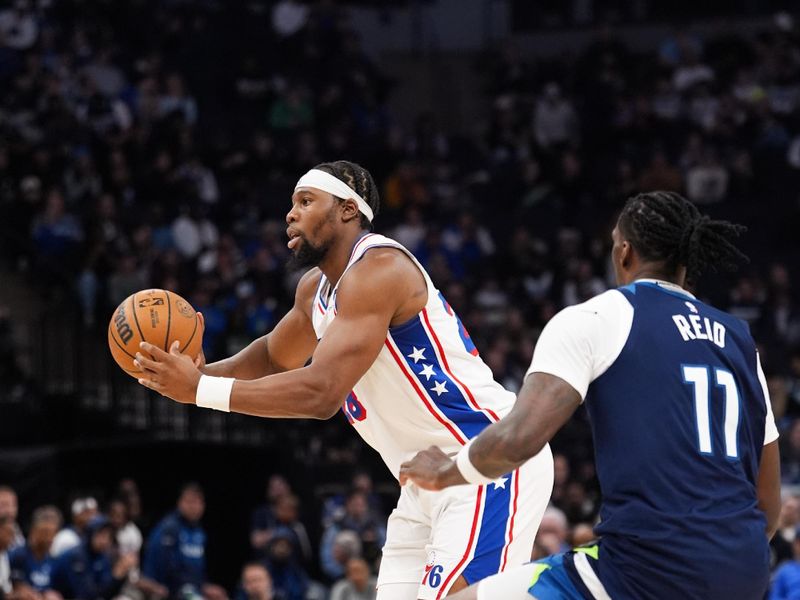 MINNEAPOLIS, MN -  MARCH 4:  Guerschon Yabusele #28 of the Philadelphia 76ers passes the ball during the game against the Minnesota Timberwolves on March 4, 2025 at Target Center in Minneapolis, Minnesota. NOTE TO USER: User expressly acknowledges and agrees that, by downloading and or using this Photograph, user is consenting to the terms and conditions of the Getty Images License Agreement. Mandatory Copyright Notice: Copyright 2025 NBAE (Photo by Jordan Johnson/NBAE via Getty Images)