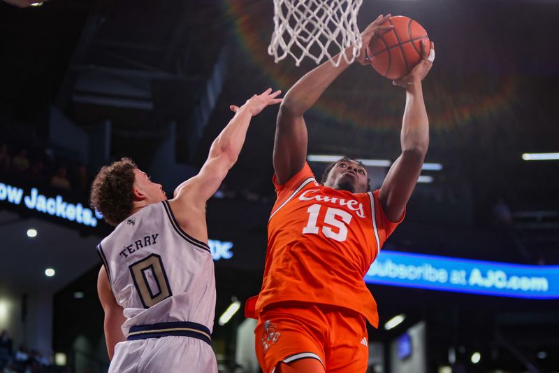 Mar 4, 2025; Atlanta, Georgia, USA; Miami Hurricanes forward Kiree Huie (15) shoots against the Georgia Tech Yellow Jackets in the first half at McCamish Pavilion. Mandatory Credit: Brett Davis-Imagn Images