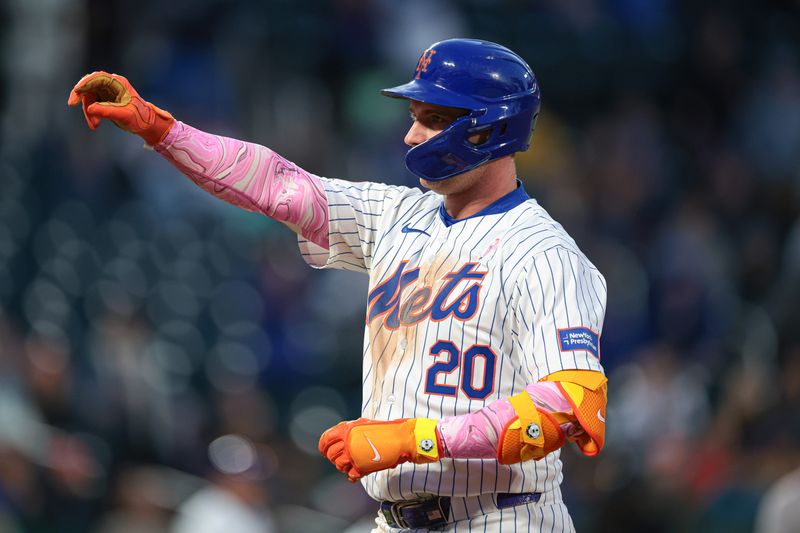 May 12, 2024; New York City, New York, USA; New York Mets first baseman Pete Alonso (20) reacts after an RBI single during the third inning against the Atlanta Braves at Citi Field. Mandatory Credit: Vincent Carchietta-USA TODAY Sports