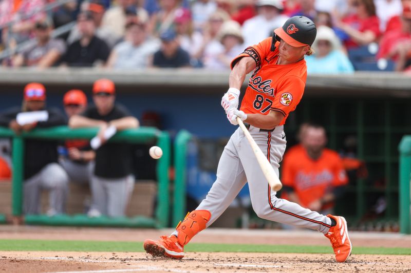 Mar 5, 2024; Clearwater, Florida, USA;  Baltimore Orioles shortstop Jackson Holiday (87) hits a triple against the Philadelphia Phillies in the third inning at BayCare Ballpark. Mandatory Credit: Nathan Ray Seebeck-USA TODAY Sports