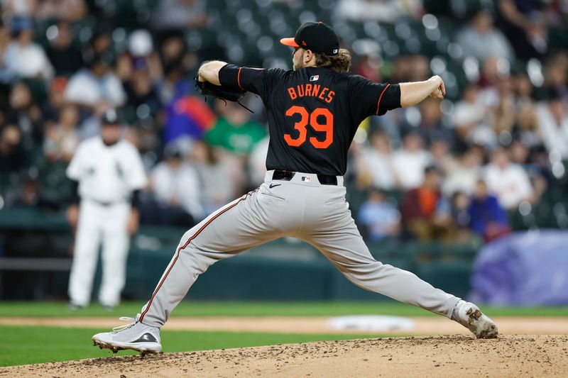 May 24, 2024; Chicago, Illinois, USA; Baltimore Orioles starting pitcher Corbin Burnes (39) delivers a pitch against the Chicago White Sox during the third inning at Guaranteed Rate Field. Mandatory Credit: Kamil Krzaczynski-USA TODAY Sports