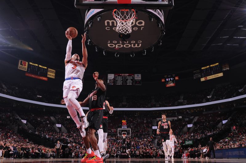 PORTLAND, OR - MARCH 14: Josh Hart #3 of the New York Knicks drives to the basket during the game against the Portland Trail Blazers on March 14, 2024 at the Moda Center Arena in Portland, Oregon. NOTE TO USER: User expressly acknowledges and agrees that, by downloading and or using this photograph, user is consenting to the terms and conditions of the Getty Images License Agreement. Mandatory Copyright Notice: Copyright 2024 NBAE (Photo by Cameron Browne/NBAE via Getty Images)